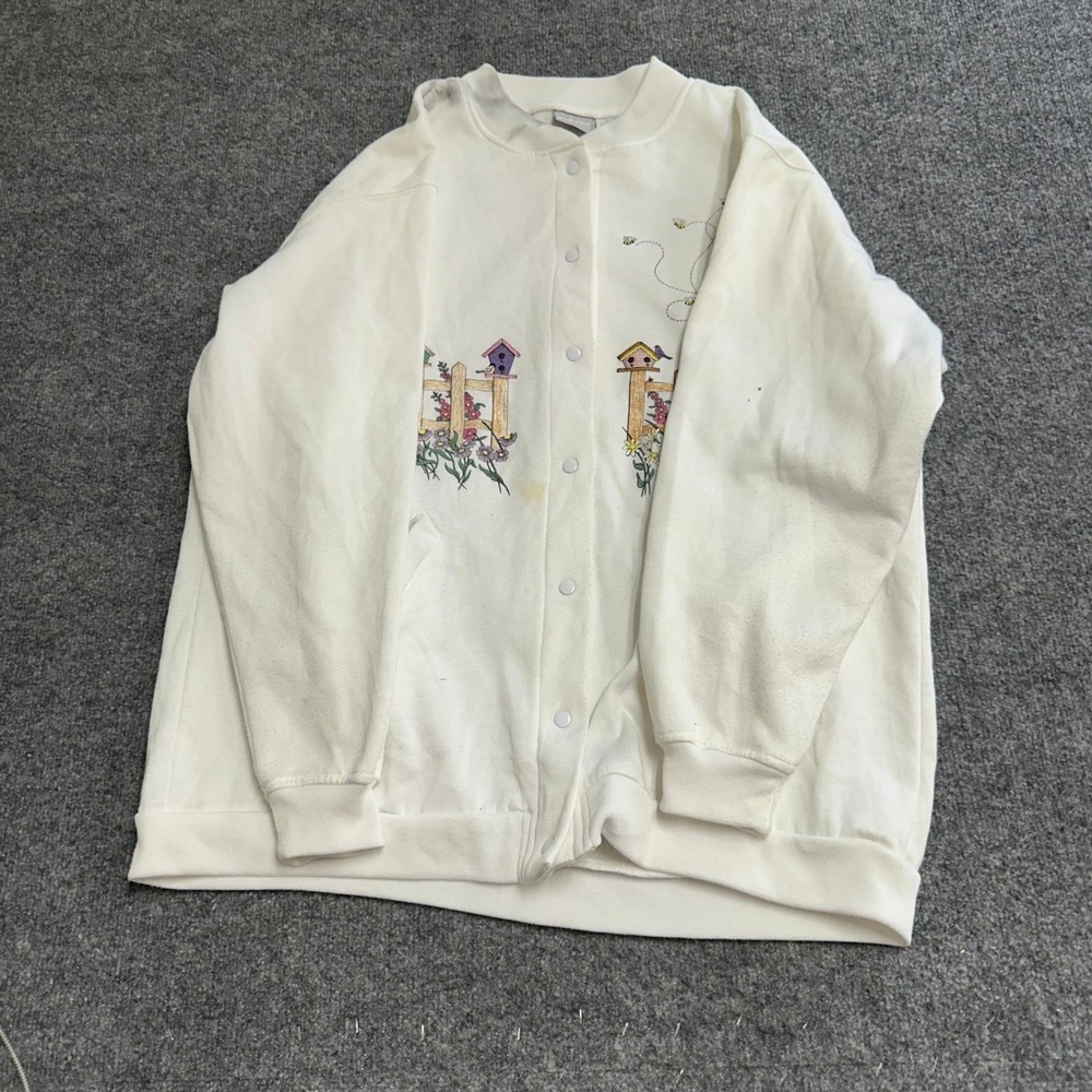 Blair Cardigan Womens XL White Embroidered Birdhouse Floral Snap Button Up Flaw